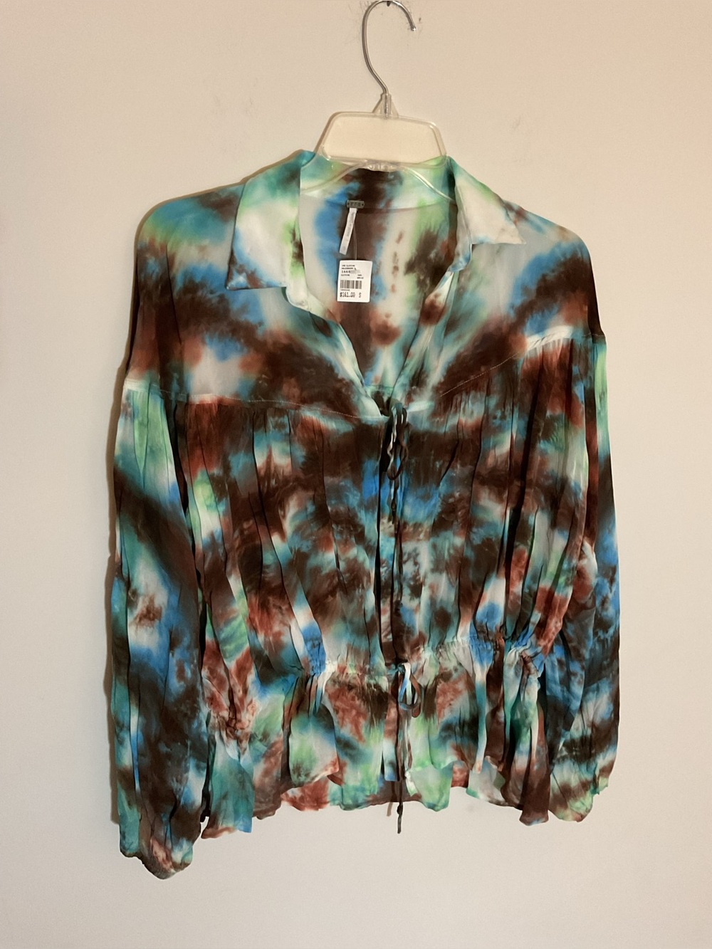 Tie-Dye Button Front Blouse - Blue Green Brown